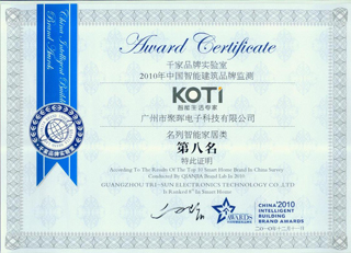 聚晖电子被评为2010年度中国智能家居品牌第八名